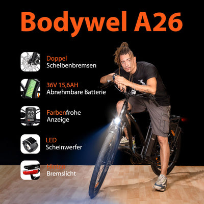 Bodywel A26 26 Zoll E-Bike Elektrofahhrad Damen Herren I APP Funktion I 250W Ananda Motor + Batterie abnehmbar 36V 15,6Ah + Max 100KM City E Bike (26 Zoll)