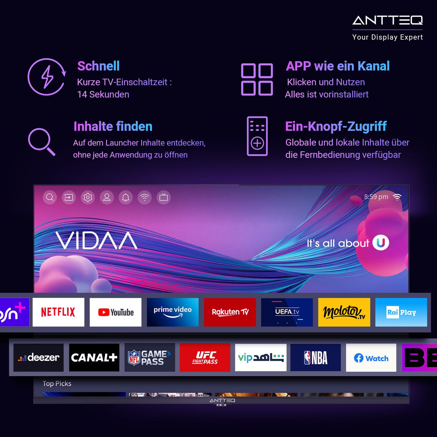 Téléviseur intelligent Antteq AV32 32 pouces (80 cm) avec Netflix, Prime Video, Rakuten TV, DAZN, Disney+, YouTube, UVM, WiFi, triple tuner DVB-T2 / S2 / C, Dolby Audio 2024