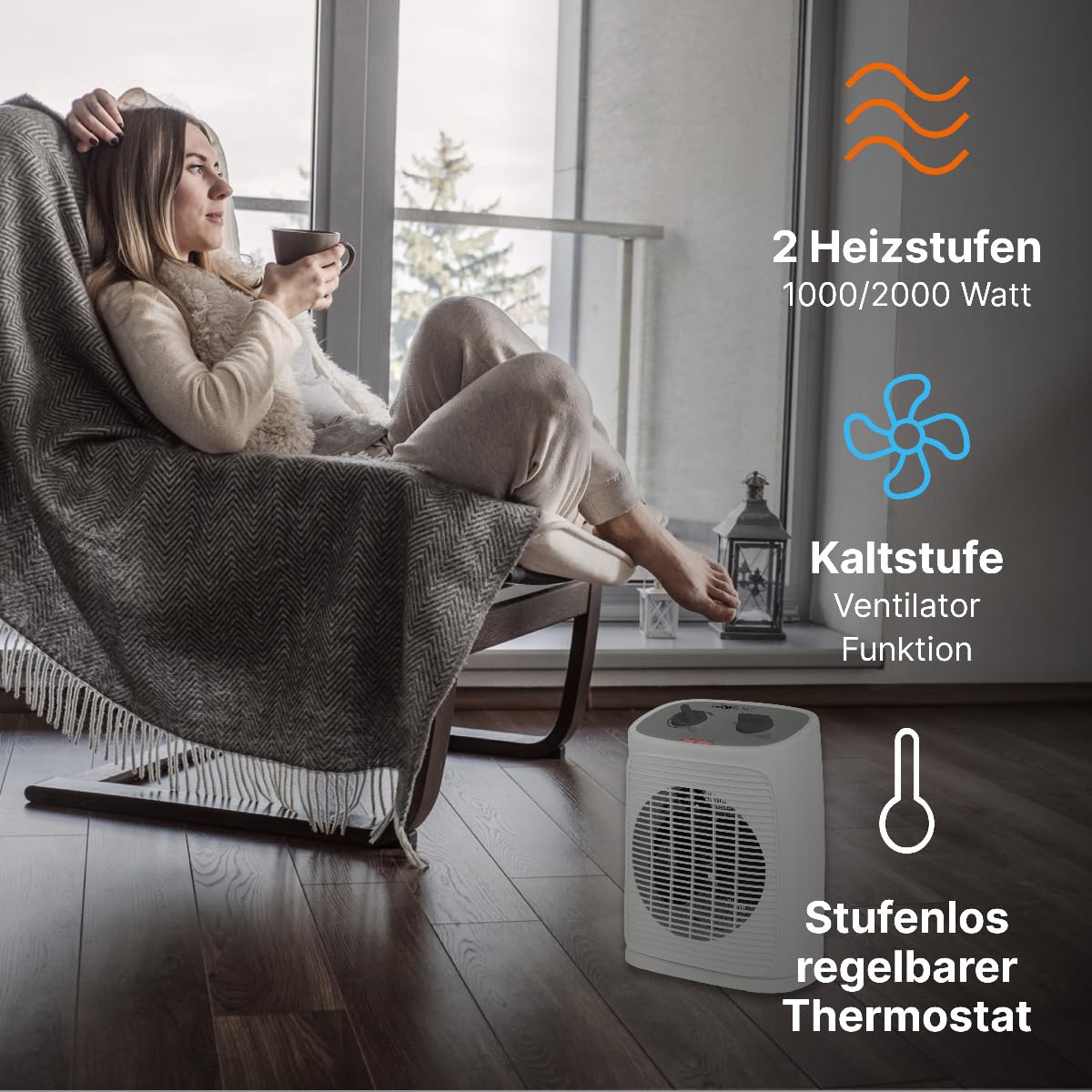 Clatronic® Heizlüfter inkl. Ventilatorfunktion | elektrische Heizung mit stufenlosem regelbarem Thermostat und 2 Heizstufen | Heizstrahler oszillierend | Heizgerät für Bad, Küche, Garage | HL 3800