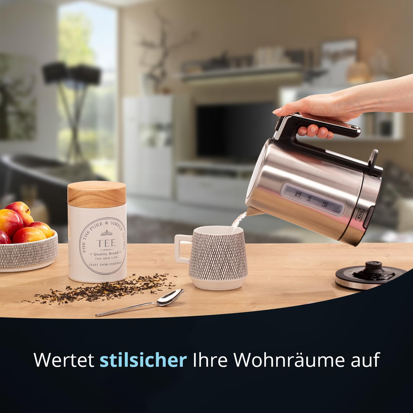 KHG Wasserkocher WK-105 ES Edelstahl, 1 Liter, abwaschbarer Kalkfilter, Wasserstandsanzeige, Öffnen per Knopfdruck, Trockengehschutz & Abschaltautomatik, verdecktes Heizelement, BPA-frei, 2200 Watt