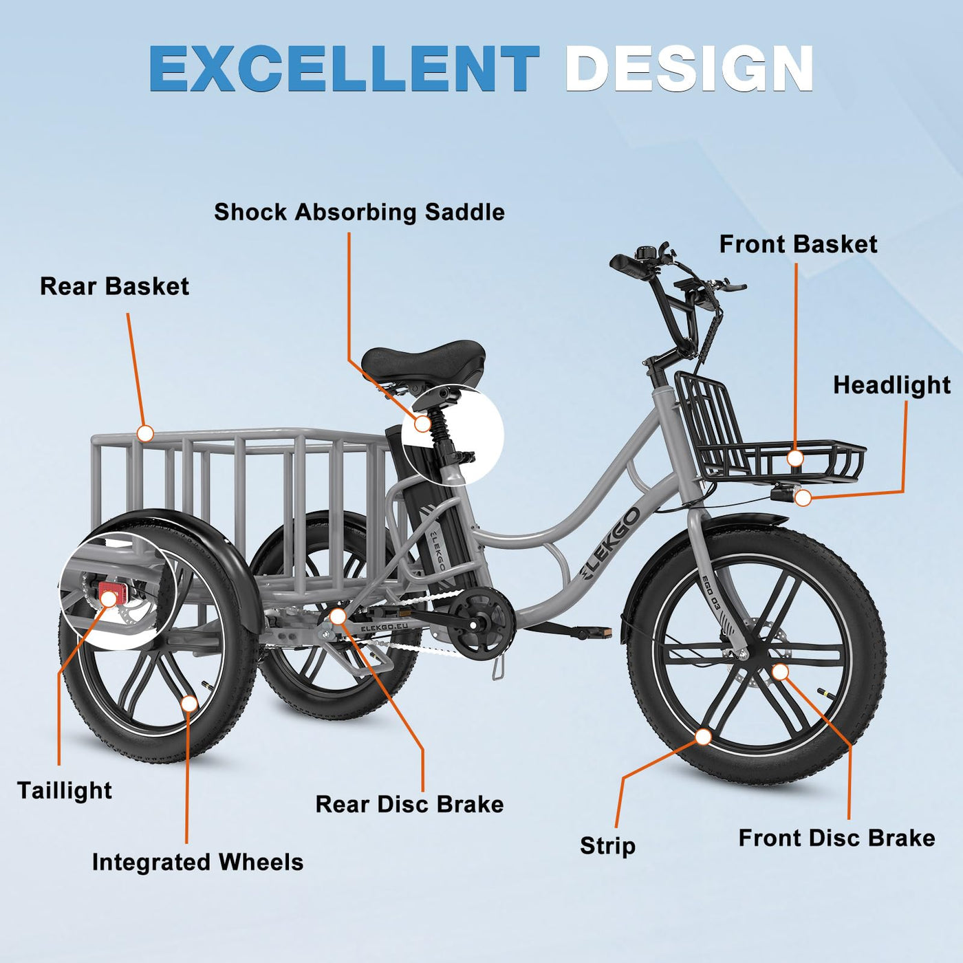 ELEKGO 20 Zoll E Bike Dreirad, 48V 18AH abnehmbare Batterie Tragfähigkeit 200 KG, Fettreifen + hinterer Gepäckkorb und Scheinwerfer, Lastenfahrrad, Elektro-Dreirad für Reichweite bis zu 40-60Km (Gray)