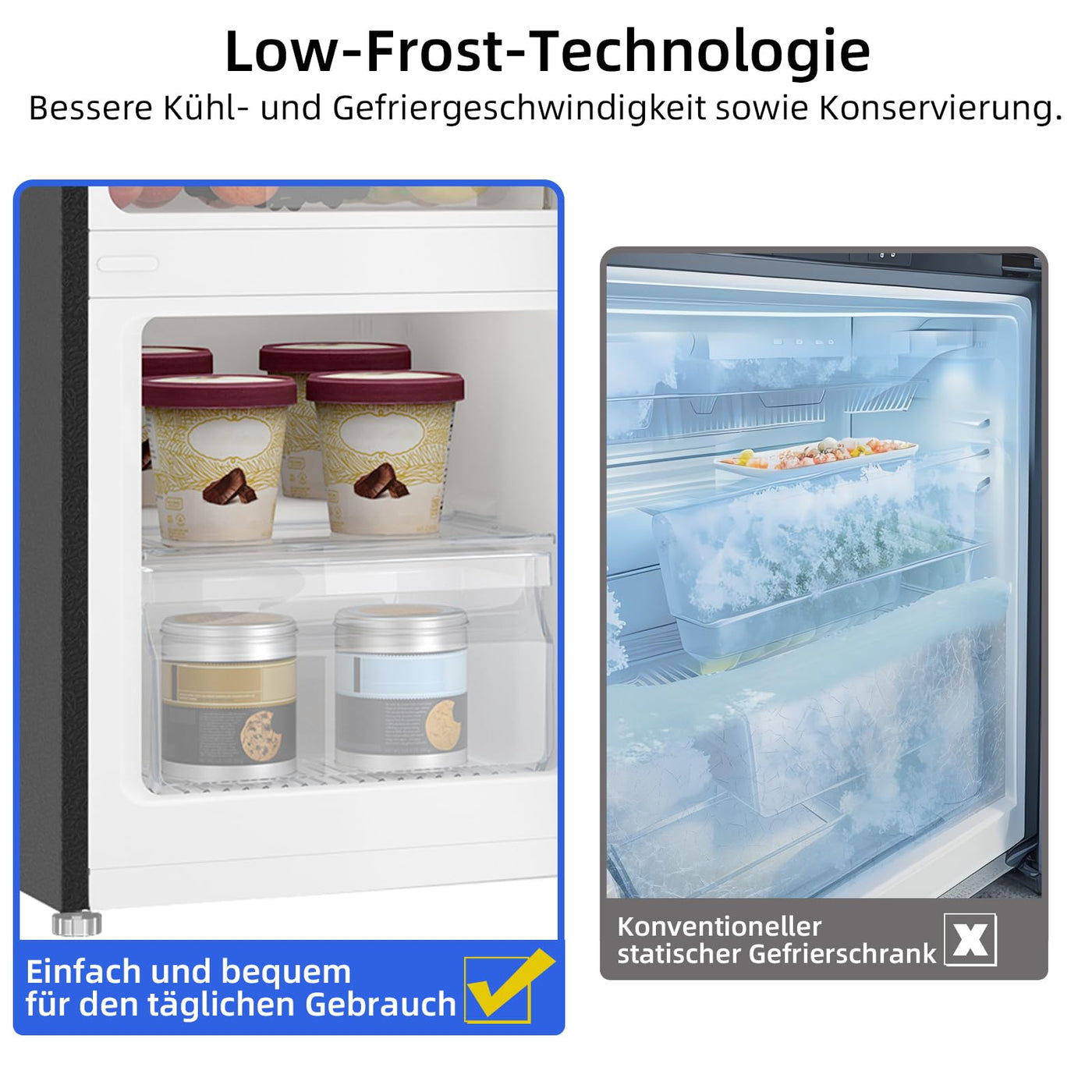 CHIQ Freistehender Kühlschrank mit Gefrierfach | Kühl-Gefrierkombination 114 cm Höhe, 47 cm Breit, 117L| 4 Sterne Gefrieren -24℃ | LED Litcht | Dunkler Edelstahl Look, for Eigentumswohnungen