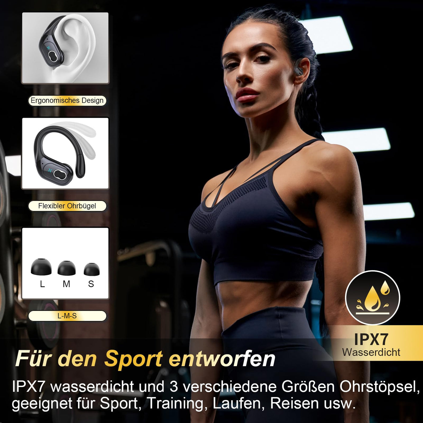 Aptkdoe Bluetooth Kopfhörer Sport, Kopfhörer Kabellos Bluetooth 5.3 mit ENC Mikrofon, 75 Stunden HiFi Stereo Bluetooth Kopfhörer In Ear, IPX7 wasserdichte Ohrhörer mit Ohrhaken für iOS Android