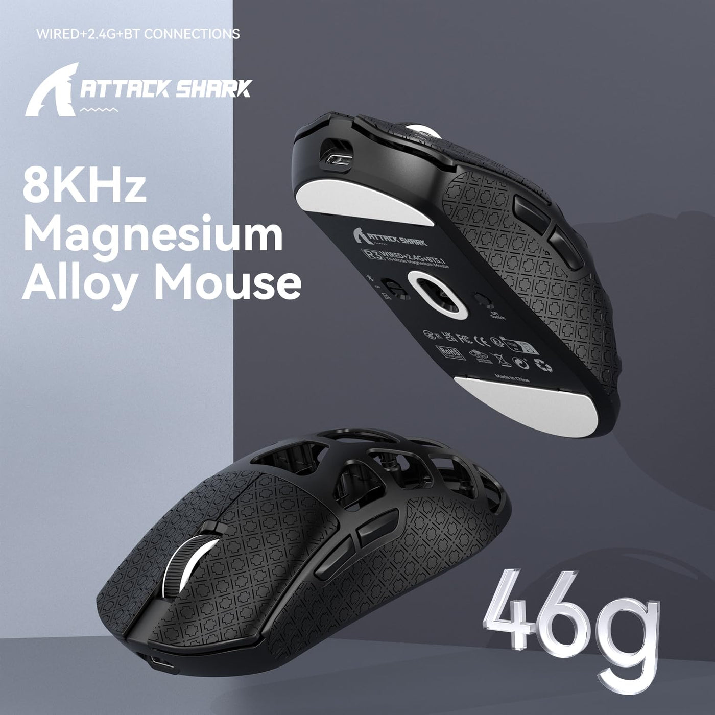 ATTACK SHARK R3 Magnesiumlegierungsmaus, kabellose 8K-Maus, 46 g SUPERLIGHT-Maus, PixArt PAW3395-Gaming-Sensor, BT/2,4 G/kabelgebundene Gaming-Maus, einstellbare DPI 26000, Büromäuse für Win11/Xbox/PS