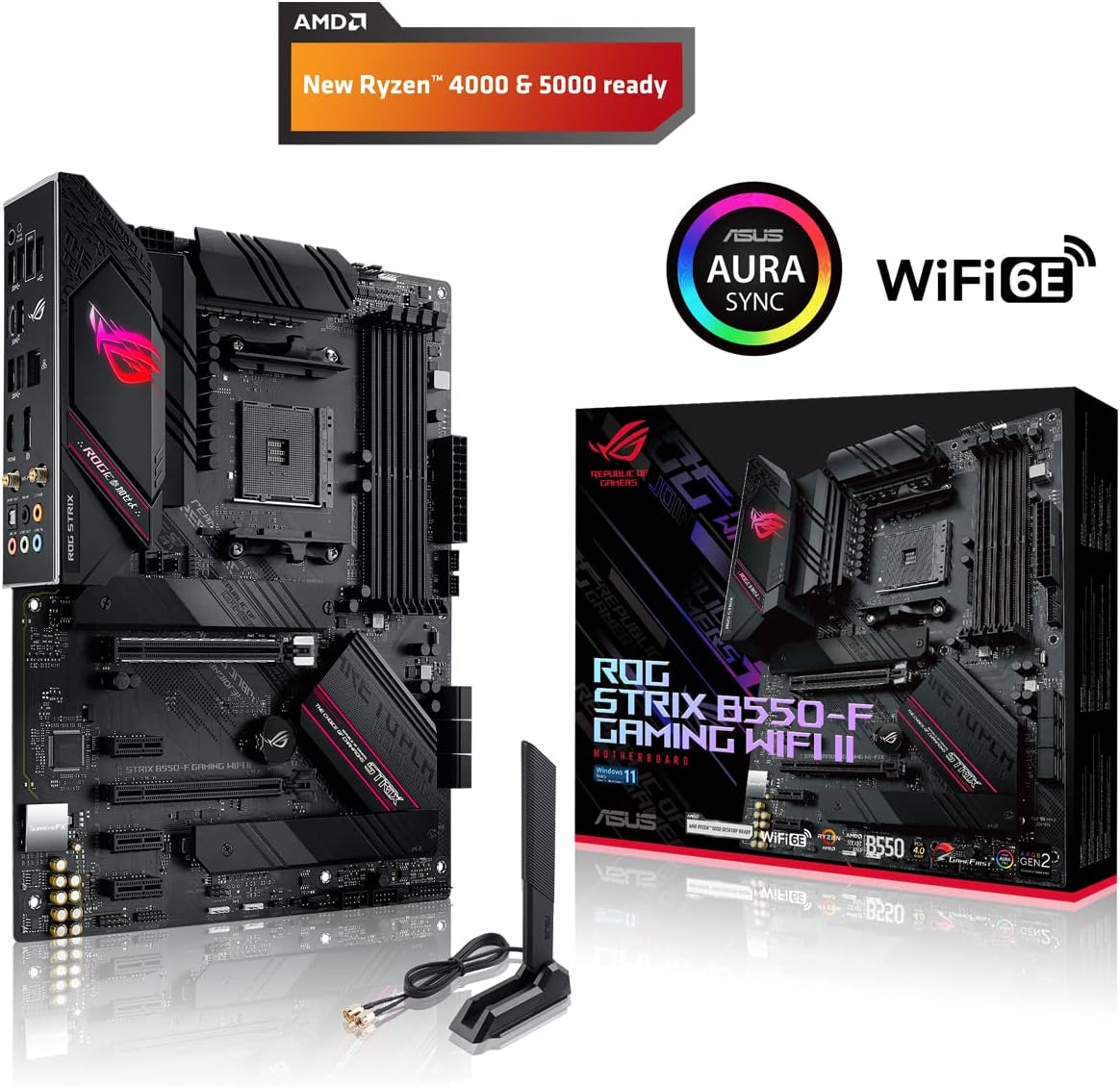 ASUS ROG Strix B550-F Gaming WI-FI II Mainboard Sockel AMD AM4 (AMD B550, ATX, PCIe 4.0, WiFi 6E, SATA 6Gbit/s, USB 3.2 Gen 2, Aura Sync, Two-Way AI Noise Cancelation)