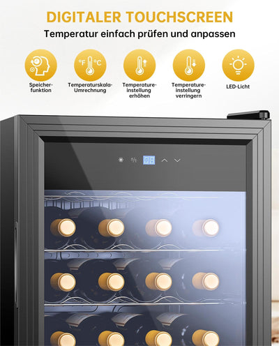 WIE Weinkühlschrank Compressor 82 Liter 28 Flaschen Getränkekühlschrank Kleiner Weinschrank Klein mit Glastür,Vollglas-Designtür mit LED Touchpanel,Anti-UV, Wine Fridge 5-18°C