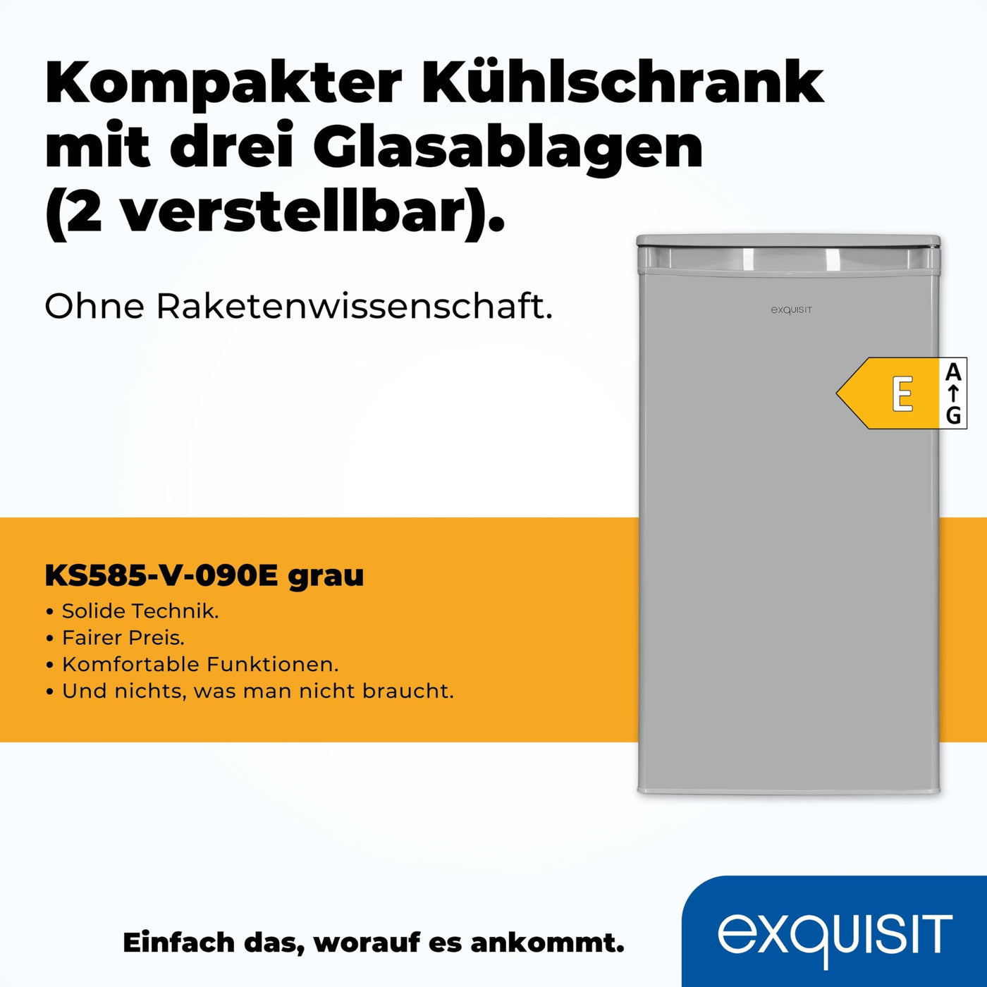 Exquisit Vollraumkühlschrank 75 Liter, Freistehend, Kühlschrank klein und kompakt, 45cm Breit, LED-Innenbeleuchtung, KS585-V-091E (Grau)