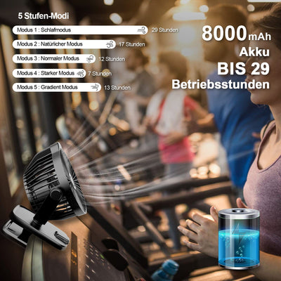 8000mAh Mini USB Clip Ventilator Akku, 13cm Klein Tischventilator mit Fernbedienung, 5-Gang, LED-Anzeige, 360° Rotation, Aufladbar Batterie Portable Table Fan für Zuhause Büro Camping Kinderwagen