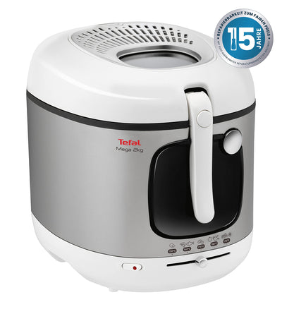 Tefal FR4800 Mega 2 kg Elektrische Fritteuse | 3,3 L Öl-Kapazität | Anti-Geruchs-Filter | spülmaschinenfeste Teile | Sichtfenster | einstellbares Thermostat | Weiß/Edelstahl