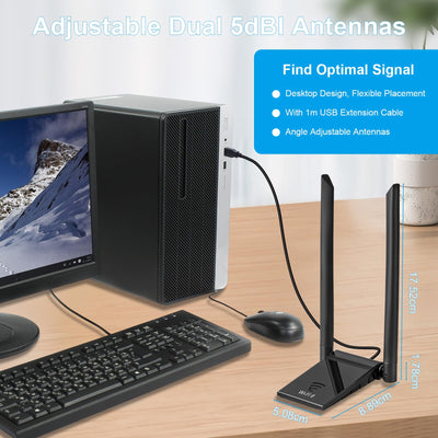 ARCELI AX1800 WLAN Stick für PC, WiFi 6 Stick Adapter Dual Band WLAN Adapter (5GHz/2.4GHz) Dual 5dBi WLAN Antennen, für Windows 10/11.