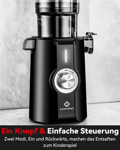 LINKChef Schnellreinigungs Entsafter, NO-Prep Entsafter Gemüse und Obst, Blitzreiniger Saftpresse Slow Juicer Testsieger mit Einfacher Installation, BPA Frei, 115mm, 1.2L, 200w Schwarz