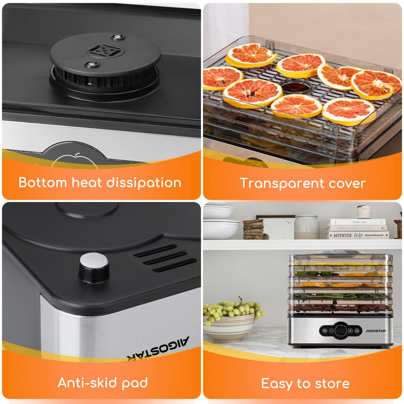 Aigostar Crispy - Dörrautomat, Dörrgerät mit Temperaturregler, 240W, 35-70°C, 99h-Timer, 5 Einlegefächer, Dörrautomat Edelstahl für Fleisch, Obst, Gemüse, Dehydrator - BPA frei