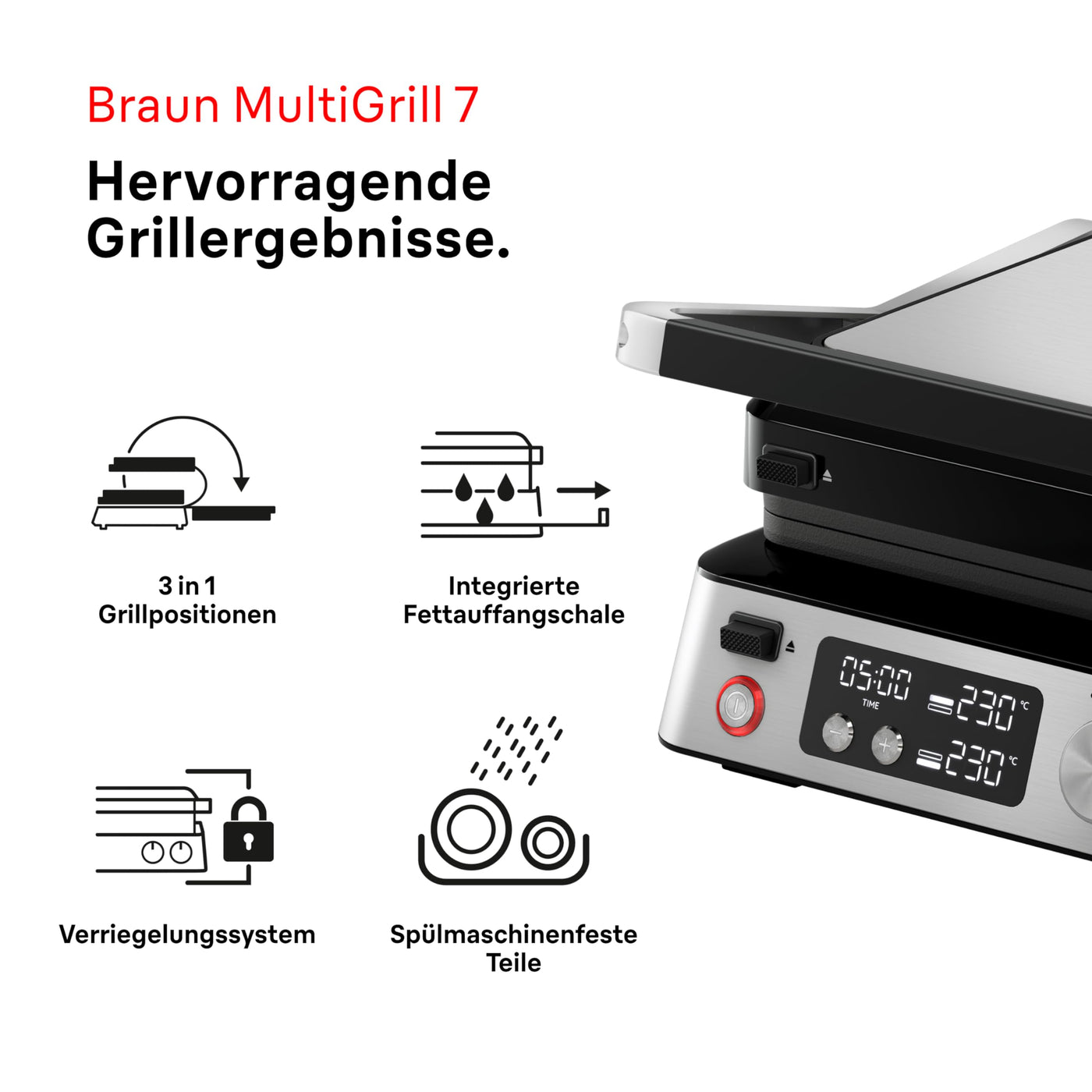 Braun MultiGrill 7 CG7040, 3-in-1 Kontaktgrill, BBQ & Ofen, große Grillfläche (12 Burger), 2000W, 230°, spülmaschinengeeignet (Plancha & Grill), Fettauffangschale, Elektrogrill Indoor