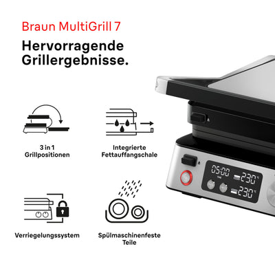 Braun MultiGrill 7 CG7040, 3-in-1 Kontaktgrill, BBQ & Ofen, große Grillfläche (12 Burger), 2000W, 230°, spülmaschinengeeignet (Plancha & Grill), Fettauffangschale, Elektrogrill Indoor