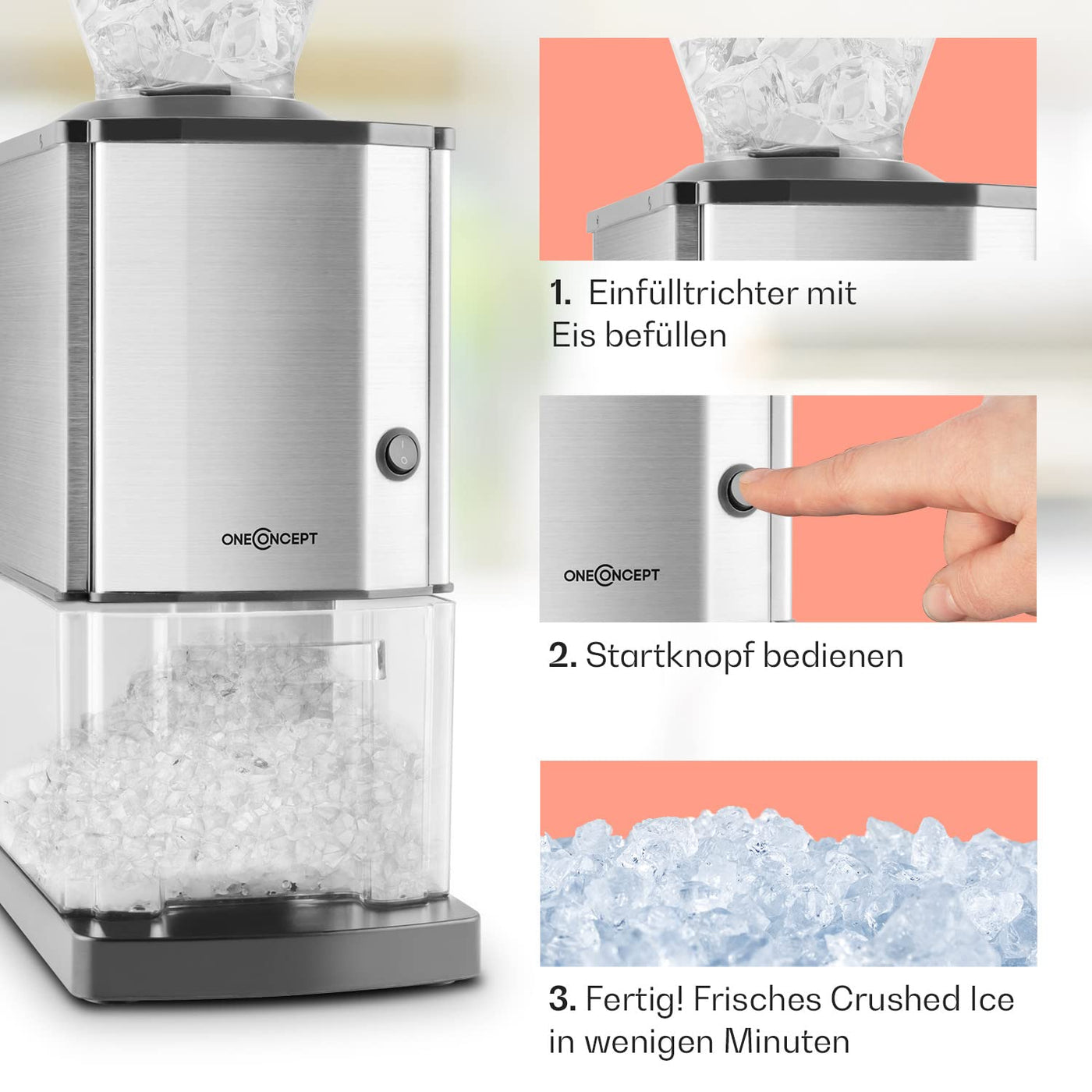 Oneconcept Crushed Ice Maschine, Schneller Crushed Ice Maker mit Auffangschale, Eiscrusher Elektrisch mit 3,5L Fassungsvermögen, Tragbare Eiscrusher Maschine, Crushed Ice-Maschinen für 15kg/h