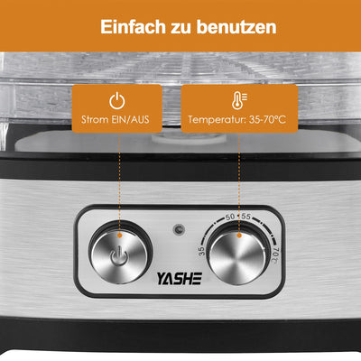 YASHE GGJ-261A Dörrautomat mit 5 höhenverstellbaren Tabletts, Temperaturregelung von 35-70°C, 240 Watt Dörrgerät für Obst und Gemüse, BPA-frei