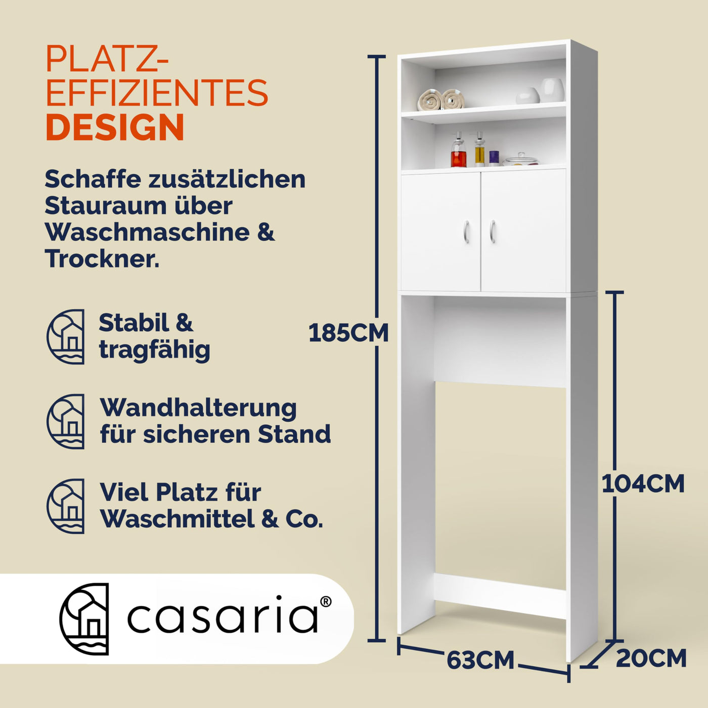 Casaria® Waschmaschinenschrank 185x63x20cm 2 Türen Badschrank Hochschrank Badezimmer Waschmaschine Überbau Bad Regal Weiß