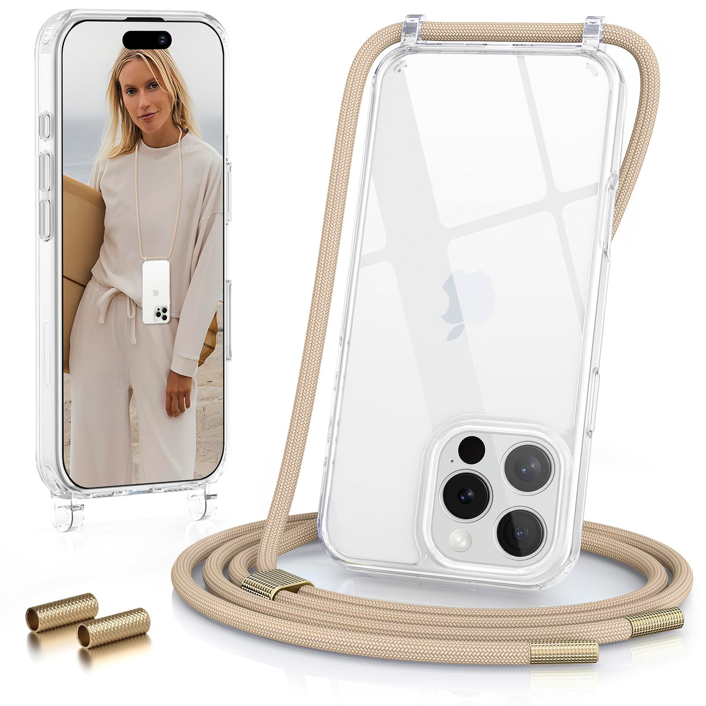 GOODVISH Handykette für iPhone 16 Pro Hülle mit Band (6.3”) | Kameraschutz und Bildschirmschutz | | Necklace Handyhülle mit Schnur Schutzhülle für zum Umhängen | Transparent Case mit Kordel, Helbraun