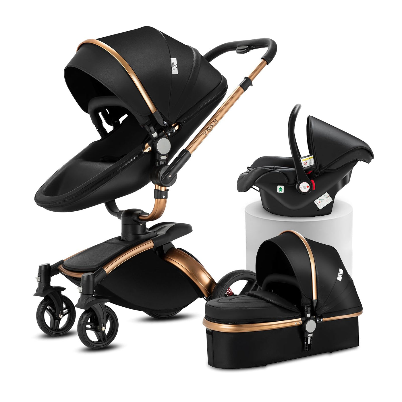 MoLi PU-Leder Kinderwagen 3 in 1, Kinderwagen mit 360° Drehbarem Cabrio-Sitz, Buggy mit Großer Bequemer Babywanne, Kombikinderwagen 3 in 1 Rahmen Aluminiumlegierung Faltbar Hohe Landschaft (906 Noir)