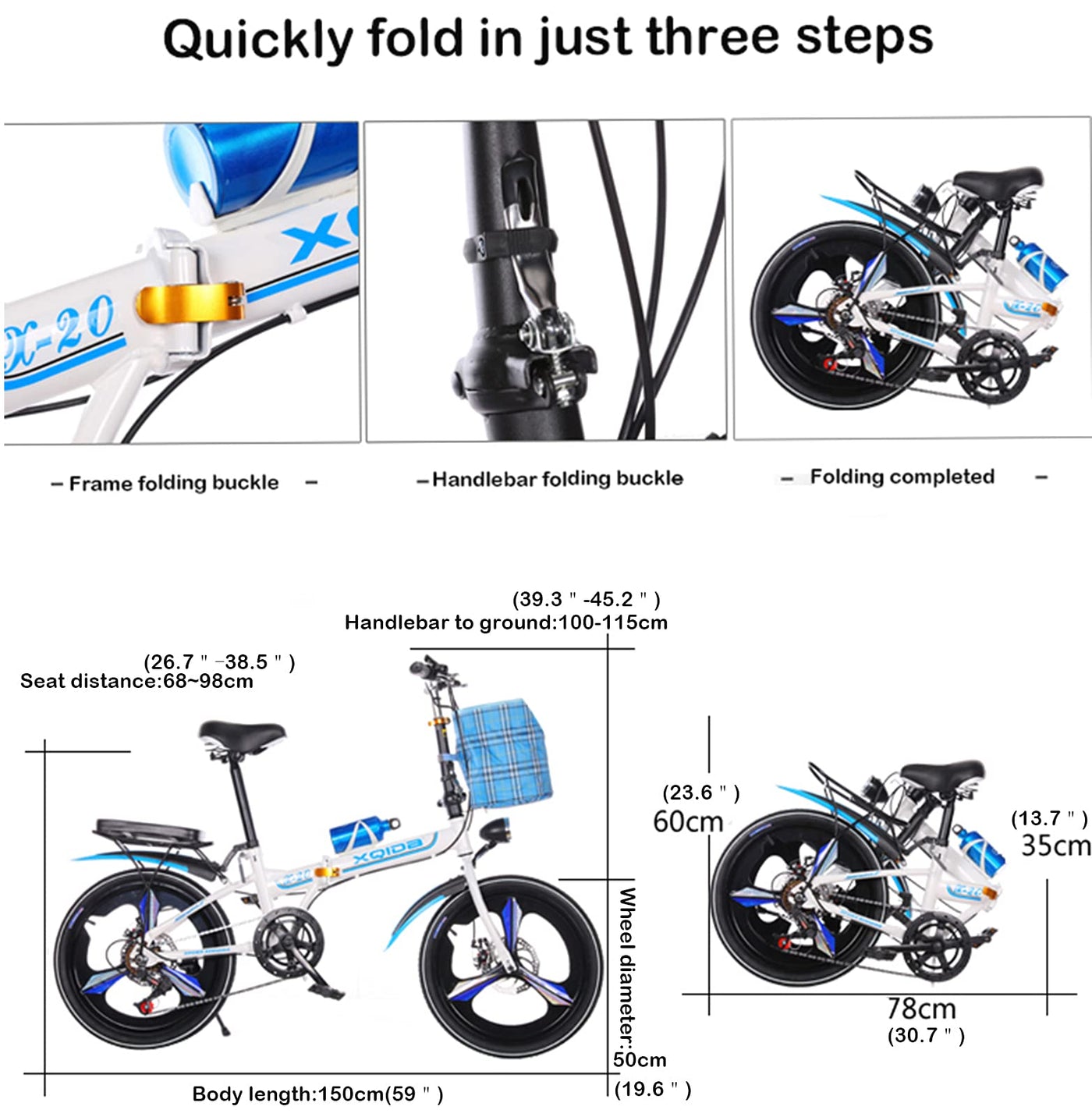 XQIDa durable Klapprad in 20 Zoll Erwachsene Jugendliche für Faltrad Schnellfaltsystem 6 Bremsen mit Variabler Geschwindigkeit Stadtrad mit Rücklicht und Autokorb(rot) …