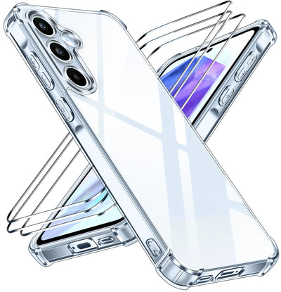 iVoler Nie Vergilbung Klar Hülle für Samsung Galaxy A55 5G mit Stoßfest Schutzecken, 1 Handyhülle mit 3 Stück Panzer Schutz Glas, [Militärischer Schutz] Transparent Schutzhülle Dünn Durchsichtige Case