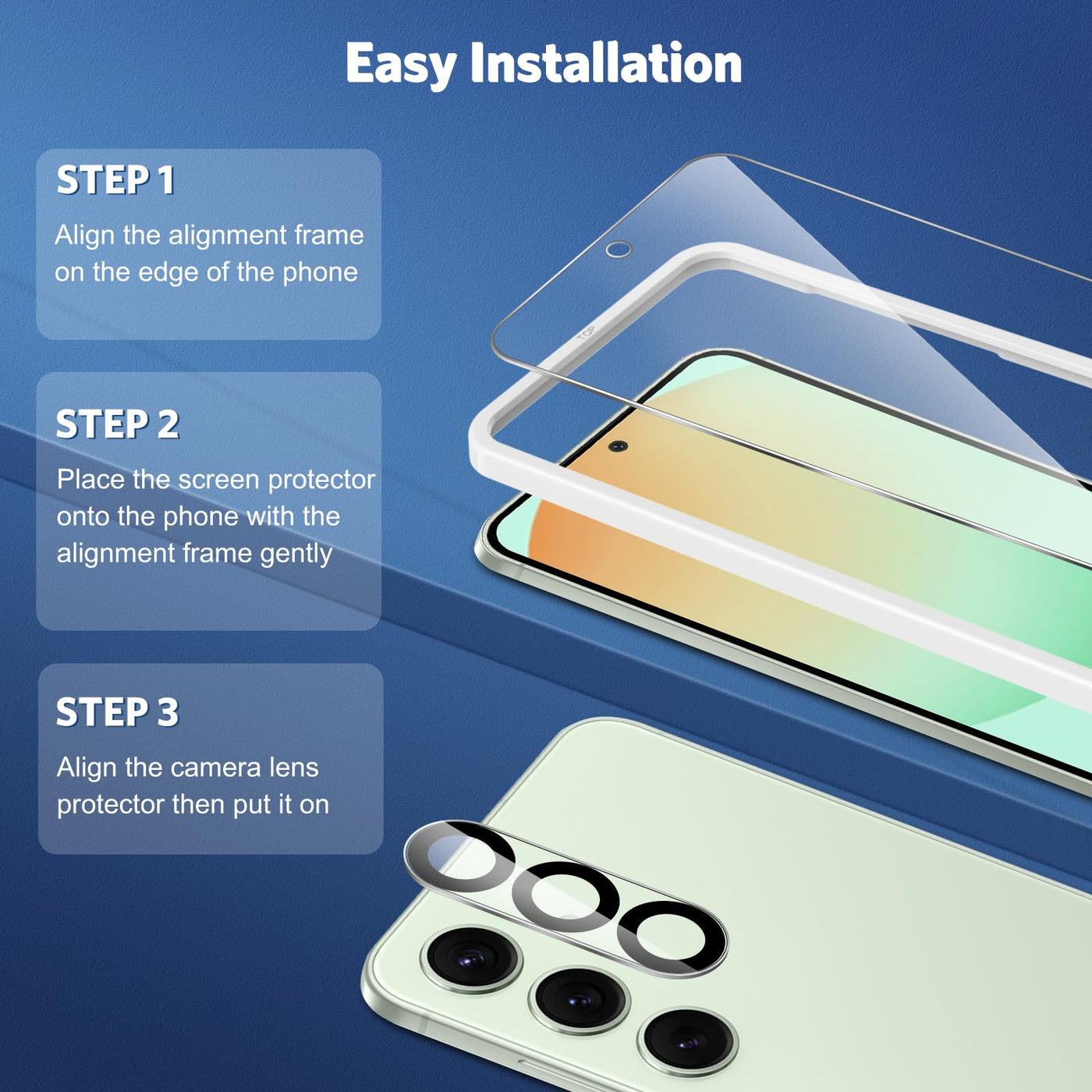 OMOTON 3 Stück Schutzfolie für Samsung Galaxy S24 FE Panzer Schutz Glas und 2 Stück Samsung S24 FE Kameraschutz, mit Positionierhilfe, Fingerabdruck-ID Unterstützen, 9H Härte Displayschutz