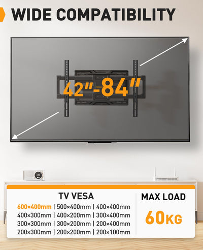 Perlegear TV Wandhalterung Schwenkbar Neigbar für 42-84 Zoll Flach & Curved Fernseher bis 60kg, TV Halterung max. VESA 600x400mm, PGLF12-E