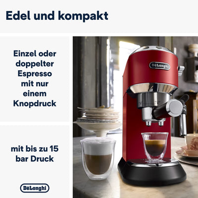 De'Longhi Dedica Style EC 685.R – Espresso Siebträgermaschine, Espressomaschine mit professionellem Milchaufschäumer, nur 15 cm breit, für Kaffeepulver oder ESE Pads, 1 l Wassertank, rot