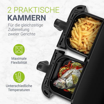 Juskys Heißluftfritteuse 9 L Doppelkammer - XXL Fritteuse mit 2 Körben, 9 Programme, Smart Finish, teflonbeschichtet