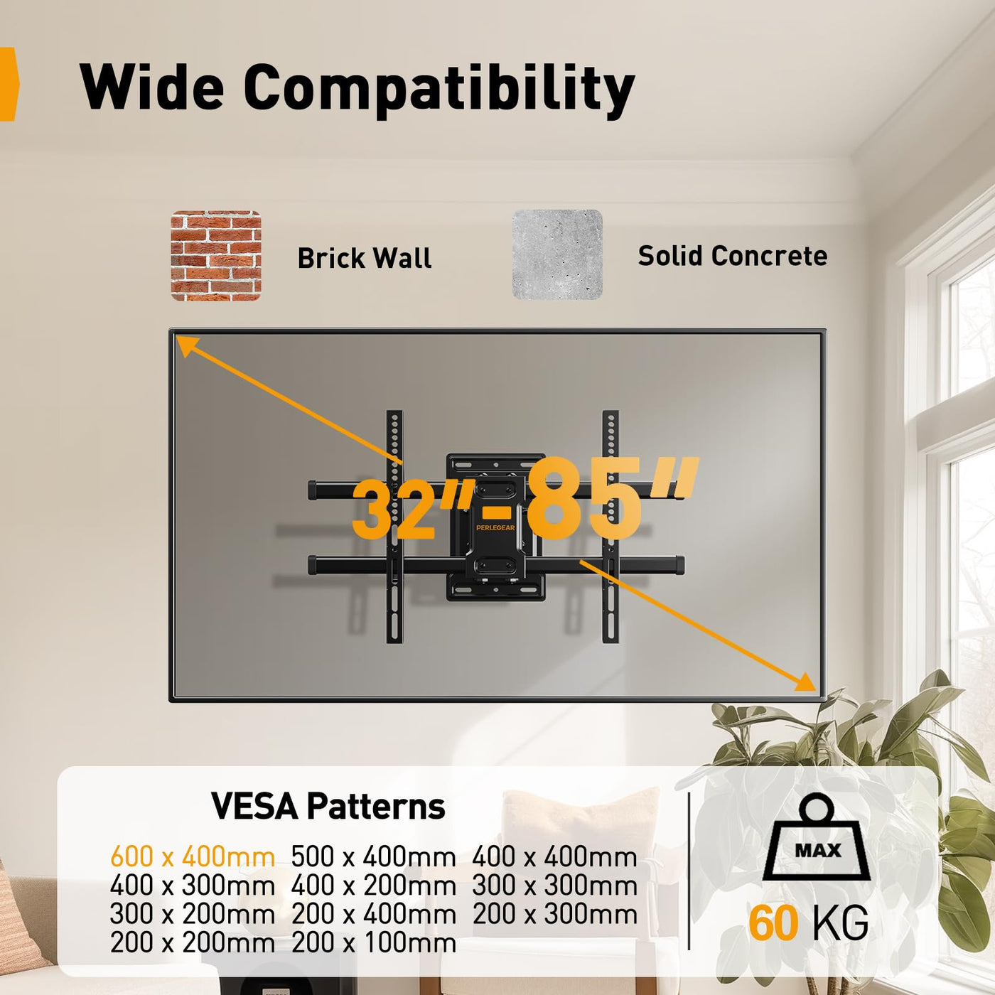 Perlegear TV Wandhalterung für 32-85 Zoll TVs bis zu 60 kg, Schwenkbar Neigbar Wandhalterung Fernseher, Fernseher Halterung mit werkzeugfreier Neigung, Max VESA 600x400mm, PGLF6