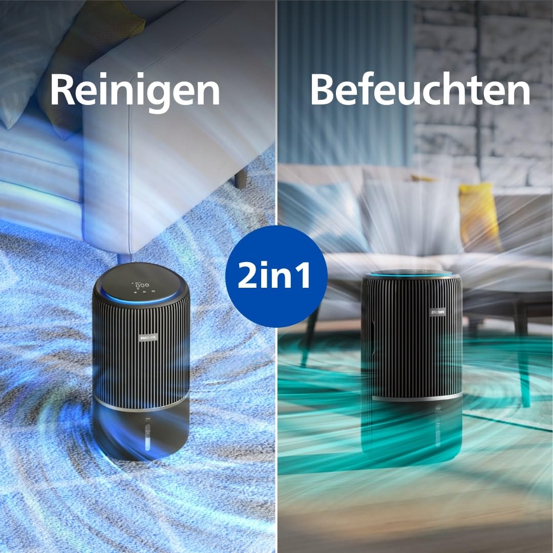 Philips 3400 Serie 2-in-1-Luftreiniger und -Luftbefeuchter, HEPA NanoProtect + Aktivkohlefilter, hygienische Luftbefeuchtung mit 650ml/h, CADR 300m³/h für 78 m² (AC3421/13)