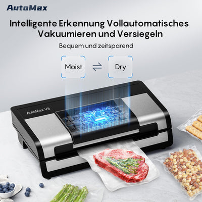 FRESKO Automatische Vakuumiergerät, Absaugleistung 18 L/Min, Einhand-Bedienung Vakuumierer, Trocken/Feucht Erkennung，2 Vakuumrollen, mit Cutter und Beutelaufbewahrung