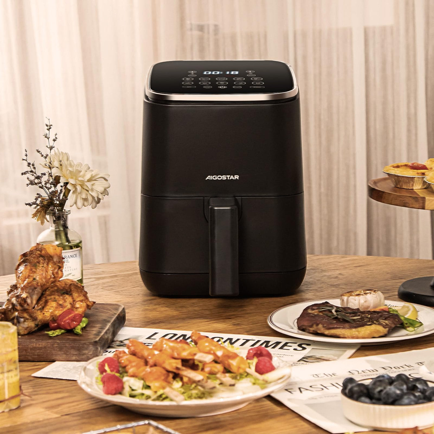 Aigostar Dot - Heißluftfritteuse 2L, Airfryer mit 8 Programmen und LED-Touchscreen, 1200W, einstellbare Zeit und Temperatur, herausnehmbarer Antihaft-Rost, leicht zu reinigen, BPA-frei