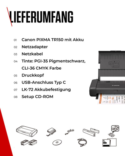 Canon PIXMA TR150 mobiler Drucker (WLAN, Cloud, AirPrint, 4.800 dpi x 1.200 dpi, Highspeed USB Typ C, OLED-Display, Tintenstrahldrucker), schwarz