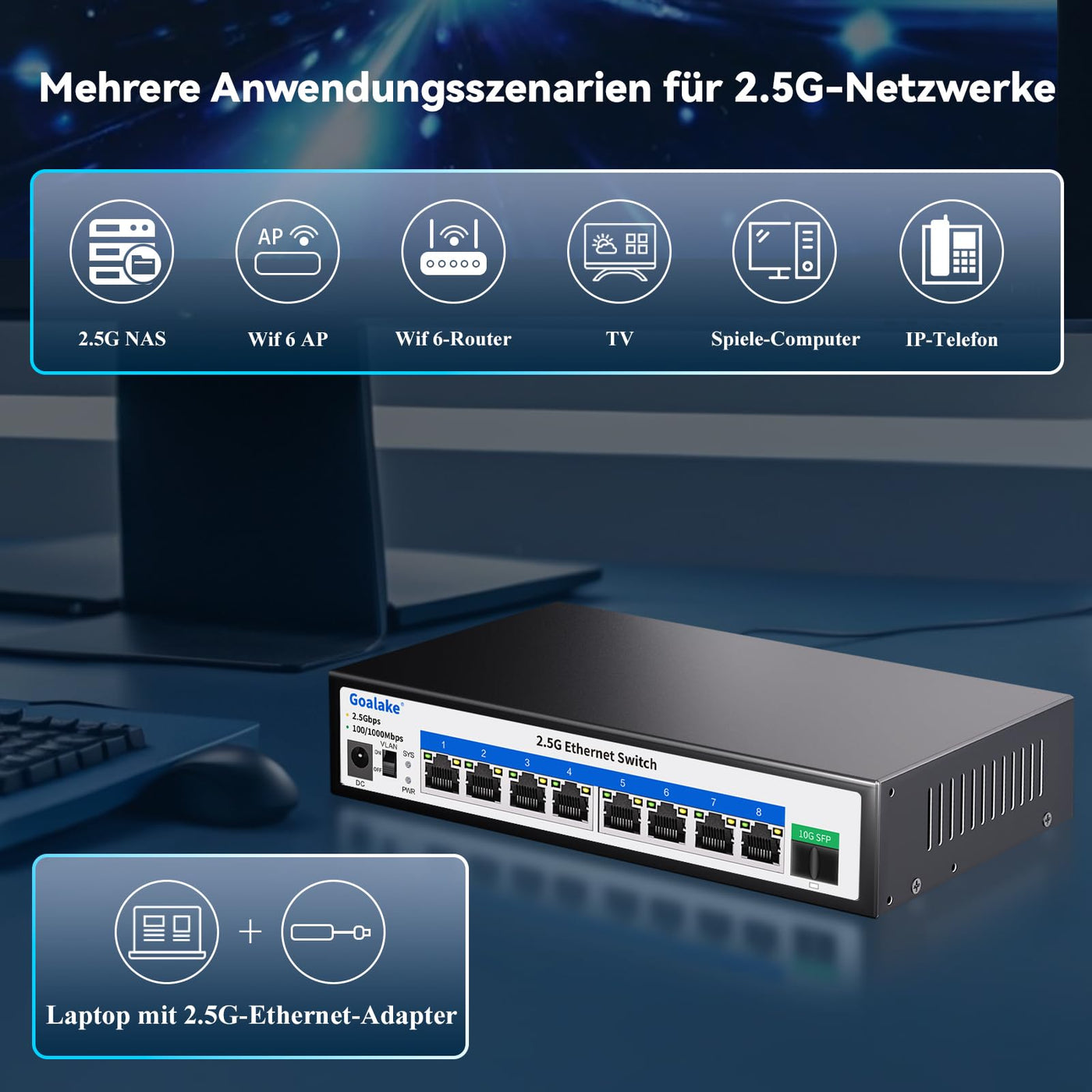 Goalake Multi-Gigabit Desktop-Switch, 8 Anschlüsse, 2,5 G, Nicht verwaltet, 8 Base-T Ports 2,5 G, 1 SFP+ 10 G, 802.3X Flusskontrolle, 2,5 Gbe Netzwerk-Switch, ideal für kleine Büros