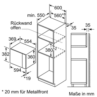 Bosch BEL554MS0 Serie 6 Einbau-Mikrowelle, 38 x 59 cm, 900 W, Drehteller 31,5cm, Türanschlag Links, AutoPilot 8 8 Automatikprogramme, Reinigungsunterstützung, LED-Touchdisplay, Edelstahl