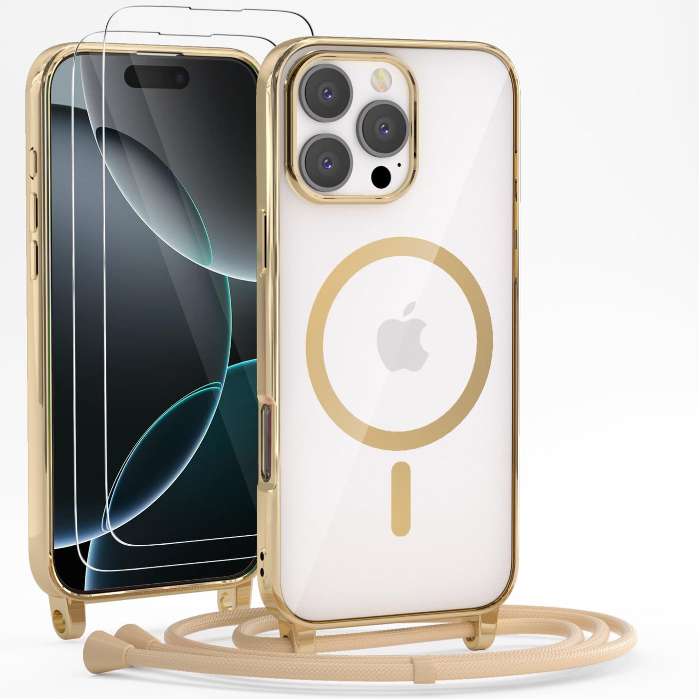 YIRSUR Handykette für iPhone 16 Pro Hülle mit Band Und 2 Schutzfolie, [Kompatibel mit Magsafe] Magnetische Transparent Silikon Necklace Handyhülle Abnehmbar Stoßfest Schutzhülle mit Kordel- Golden