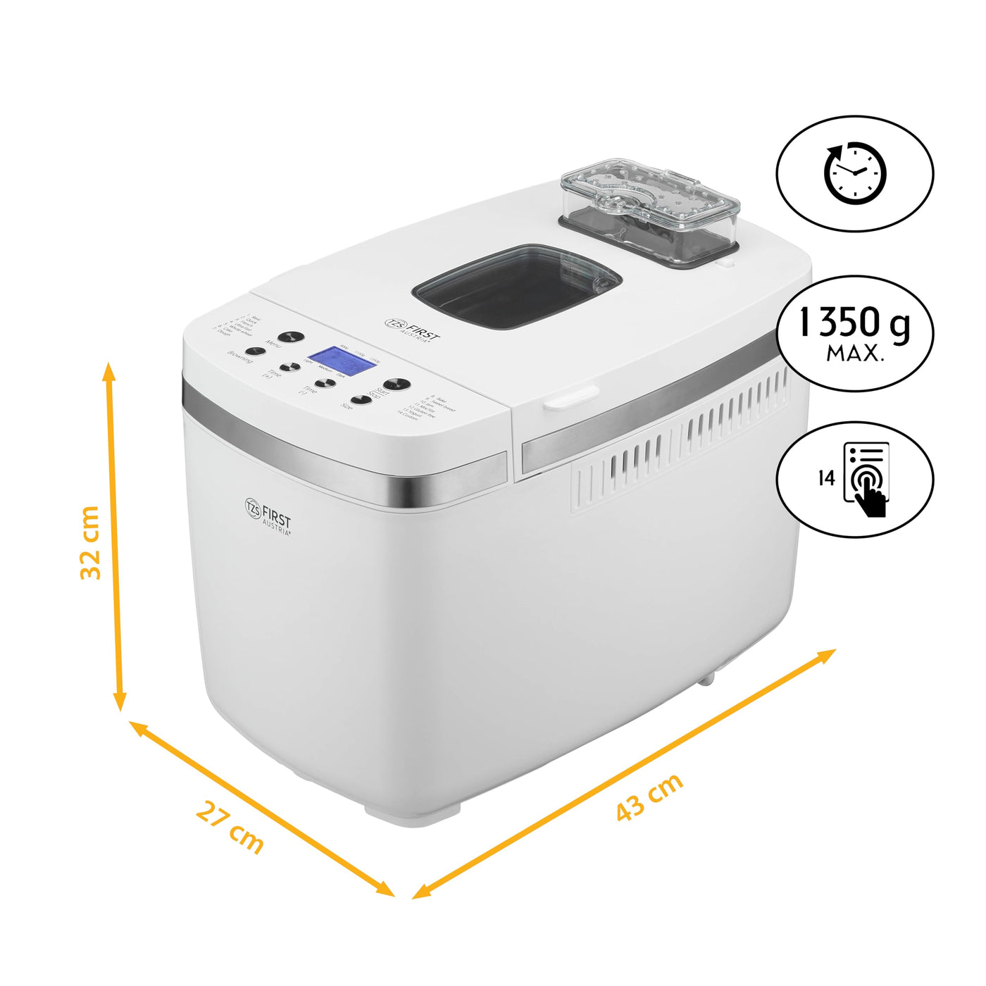 TZS First Austria Multifunktionaler Brotbackautomat | 14 Programme | Zutatenspender | Teigmenge 900g und 1350g | einstellbare Bräunungsgrade | Timer | Warmhaltefunktion | automatische Abschaltung