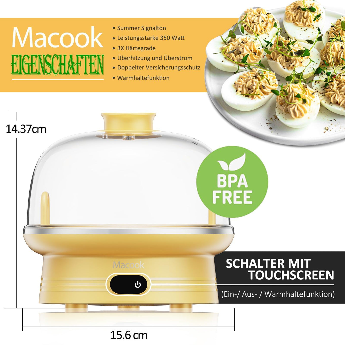 Macook Eierkocher für 1-7 Eier, Eierkocher Testsieger, Egg Cooker Computergesteuerte Kontrolle, Egg Boiler mit LED Touchscreen, BPA-frei, 350W, Gelb