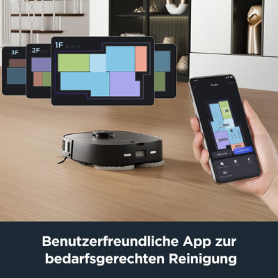 EUREKA J12 Ultra DE Saug- & Wischroboter + All-in-One Station (KI-3D-Hinderniserkennung, intelligente Haustierumgehung, Auto Teppicherkennung, ideal gegen Tierhaare, App- & Sprachsteuerung) schwarz