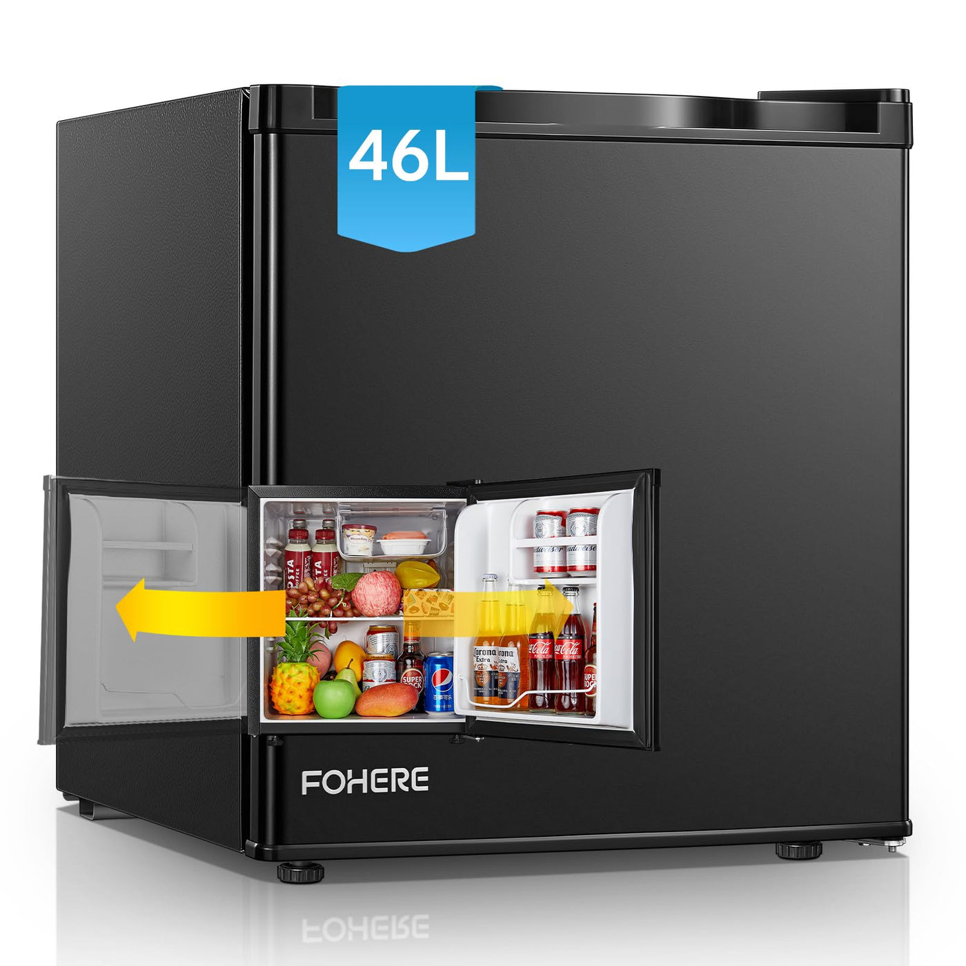 FOHERE Mini Kühlschrank 46L mit Eisfach | Kühlschrank Klein | Temperaturregelung, Energiesparend, Leise | Getränkekühlschrank Ideal für Büro, Camping und Gaming |Wechselbarer Türanschlag | Schwarz