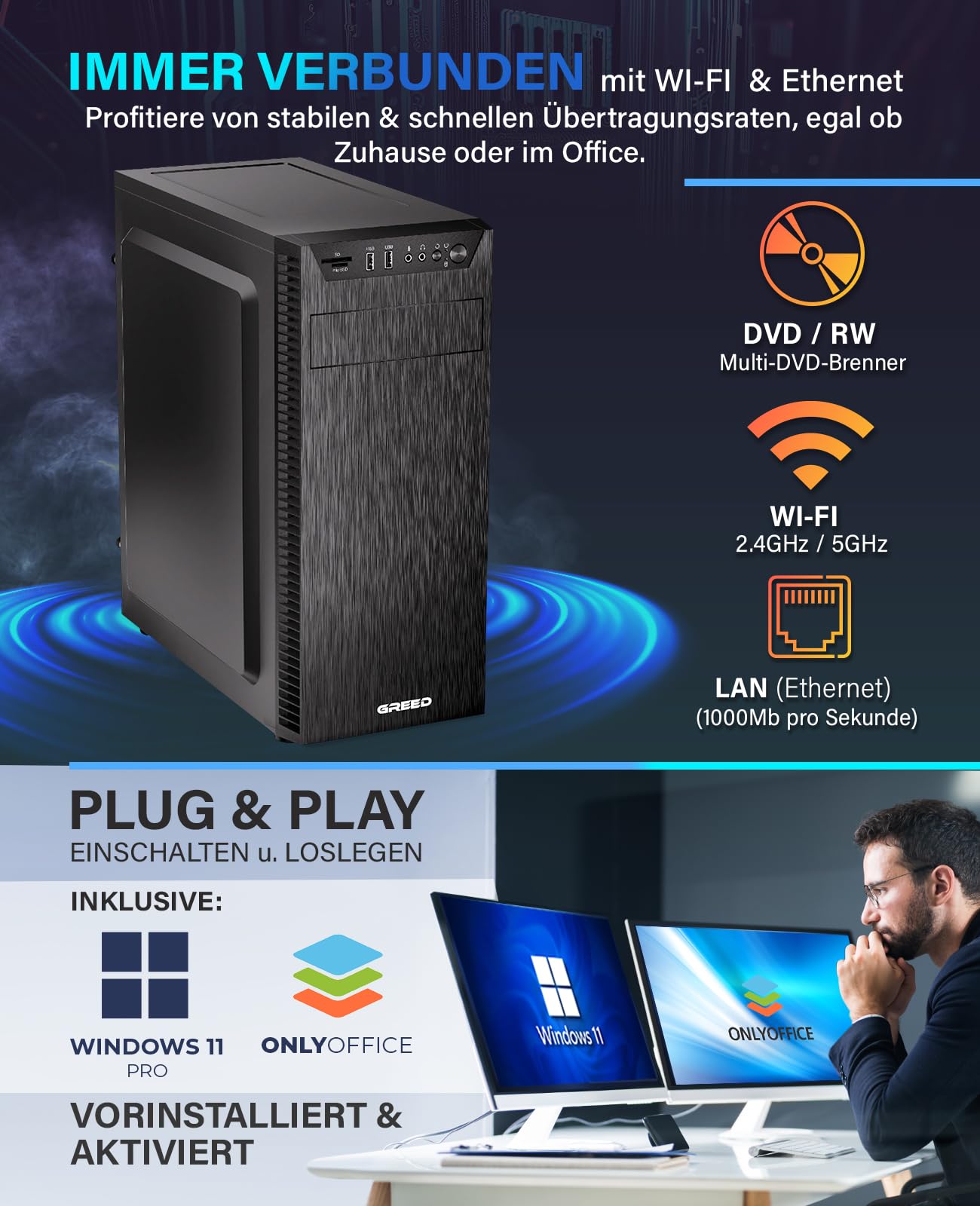 GREED® Ultra 7 - Schneller PC mit Intel Core i7 - Leiser Computer + Rechner für Büro & Home Office mit 4,0 GHZ, 32GB DDR4 RAM/Arbeitsspeicher - 1TB SSD + 1TB HDD - DVD+RW - WLAN - inkl Win 11 Pro