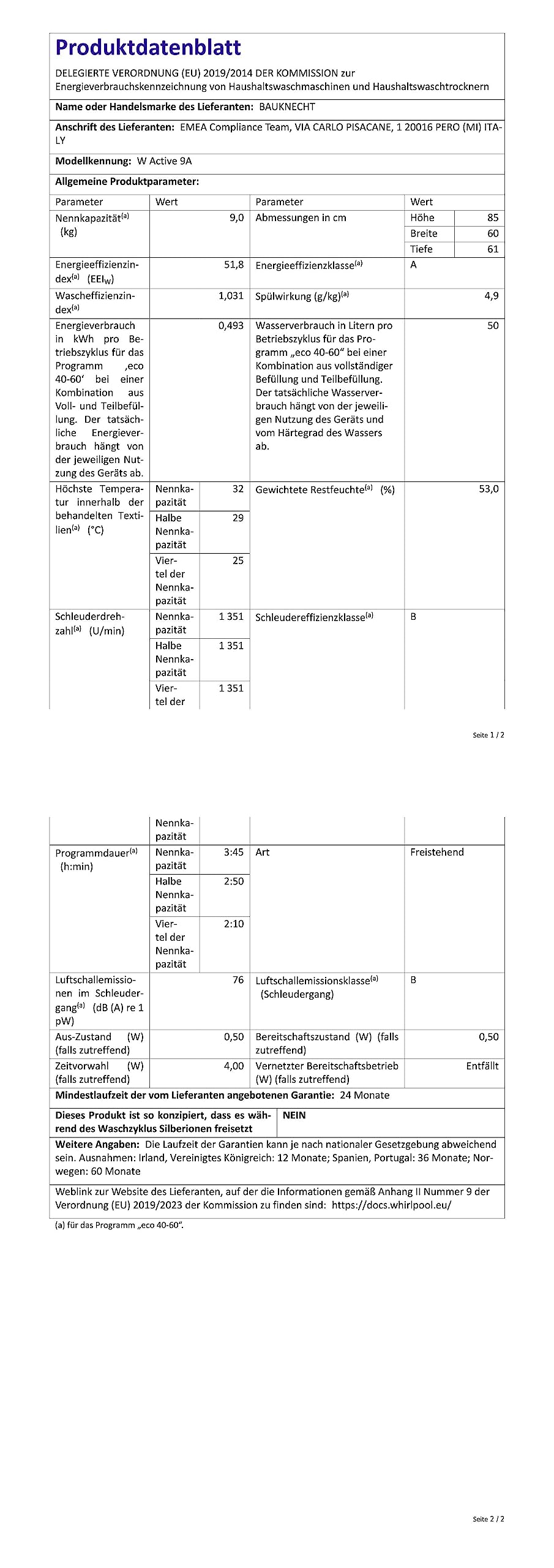 Bauknecht W Active 9A Waschmaschine Frontlader / 9kg / EEK A/Active Care - kraftvolle Fleckentfernung/Dampf Programme/Steam Hygiene Option/Wolle-Programm/Stopp&Add Funktion, Weiß