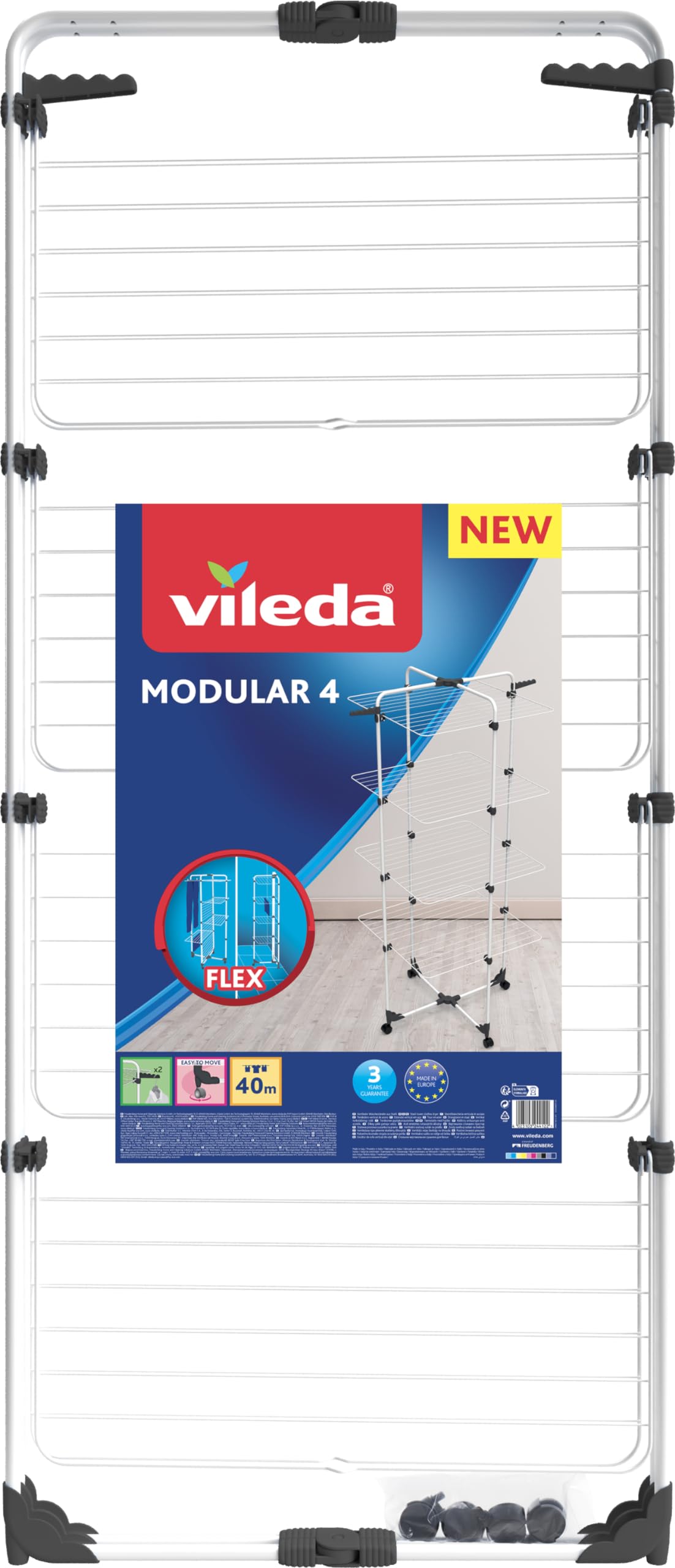 Vileda Modular 4 | Wäscheständer Turm mit 4 Ebenen | Modulierbarer Gelenk | Leicht zu bewegen | Für Innen und Außen | Zusammenklappbar