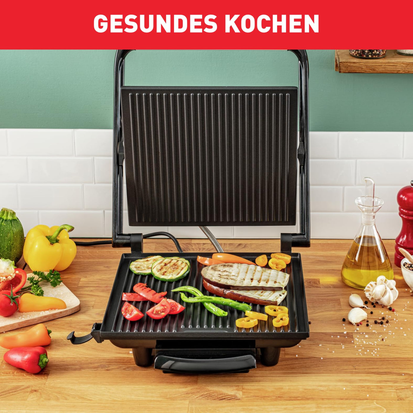 Tefal Kontaktgrill Inicio GC241D | Elektrogrill/Sandwichtoaster | Fettarmes Grillen | Panini,Toasts,Steak,Gemüse | Antihaftbeschichtete Grillplatten | 2000W | 36.3x10.8x33.2cm | Edelstahl/Schwarz