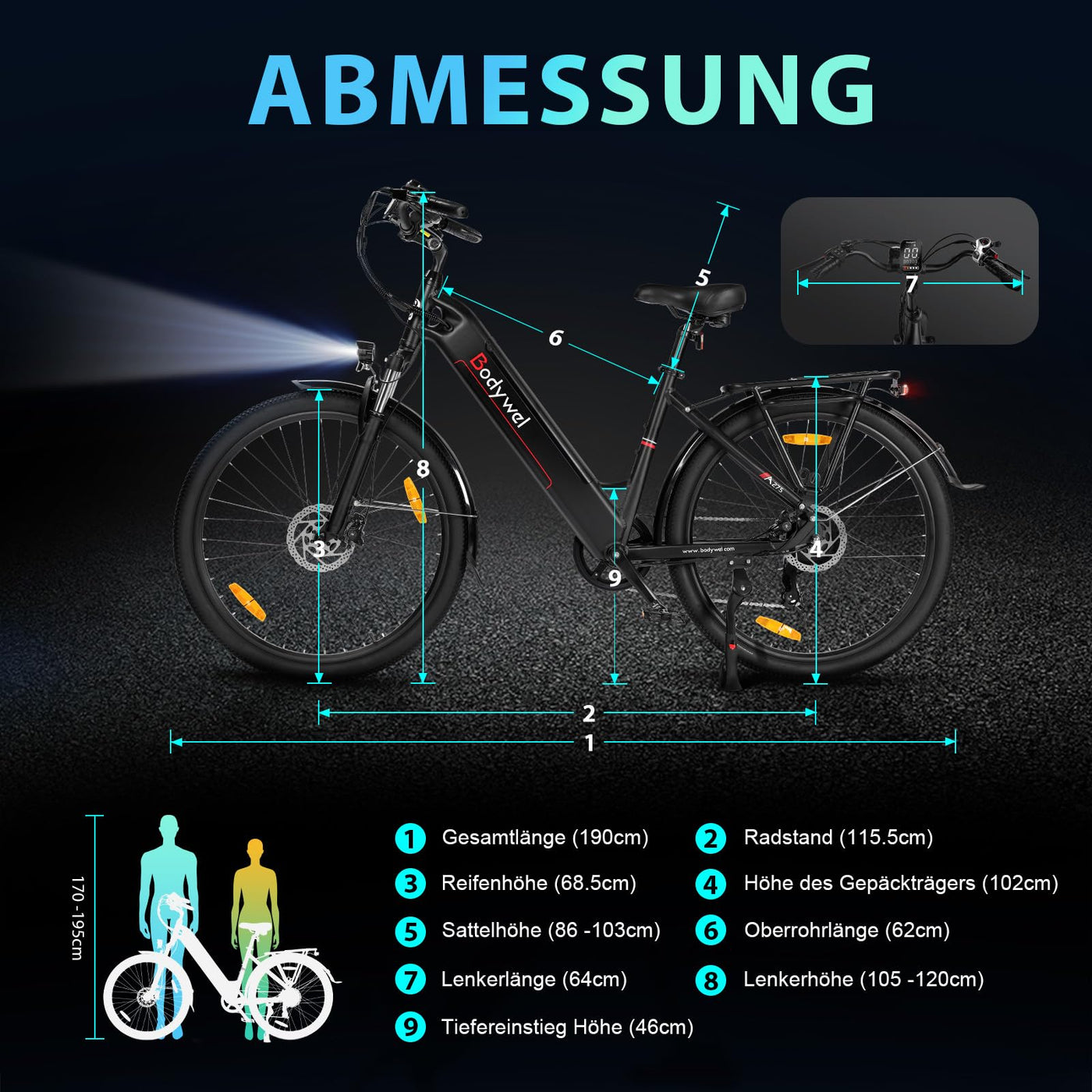 Bodywel 27,5 Zoll A275 E-Bike Elektrofahhrad Damen Herren I 7 Gang-Schaltung I APP Funktion I 250W Motor + Batterie abnehmbar 36V 15Ah