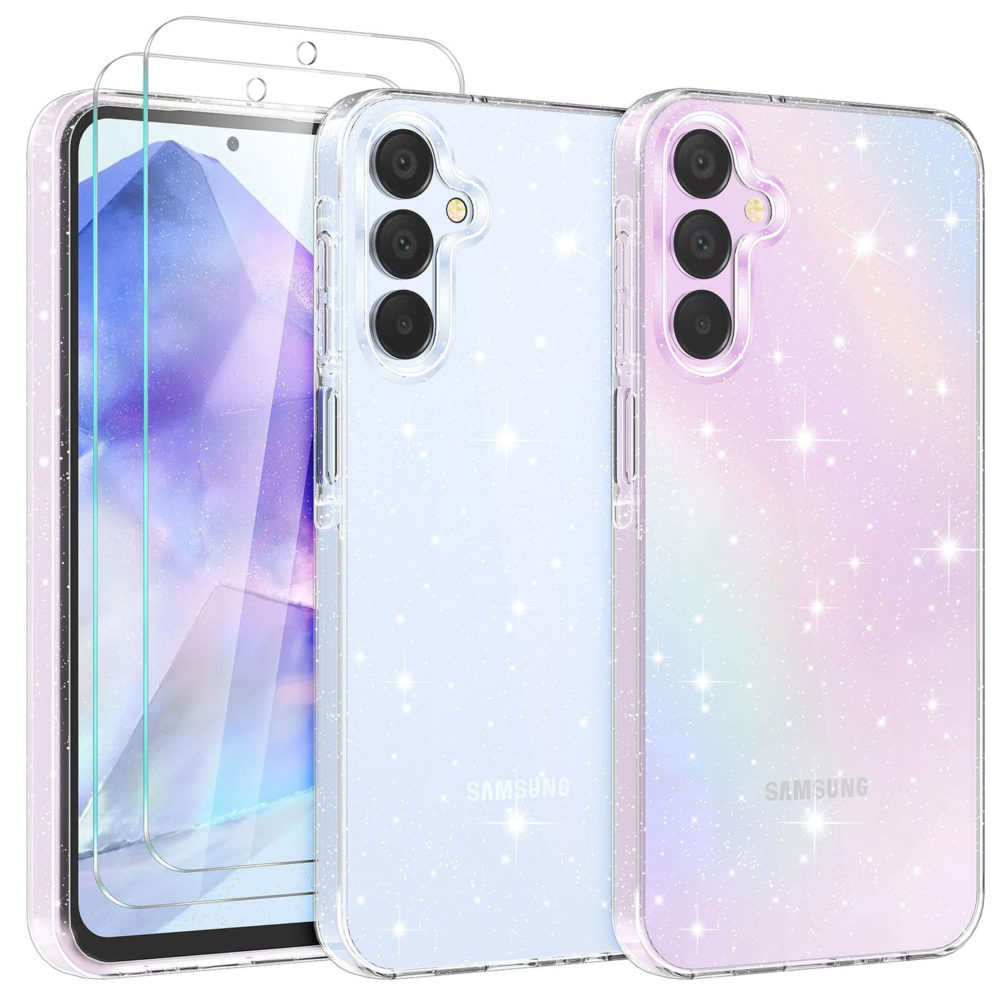 YIRSUR Glitzer Hülle für Samsung Galaxy A55 5G, mit 2 Stück Glasfolie, Transparent Handyhülle Bling Weiche TPU Silikon Stoßfest Schutzhülle für Frauen und Mädchen