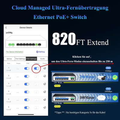 Goalake 8 Port Poe Switch, Cloud Managed Ethernet Switch, 10 Ports PoE+ Switch @120W, 802.3af/at, APP Easy Smart Managed, Cloud Detection, Vlan, Cloud Restart, Cloud Ultraremote to 250M, 802.3af/at