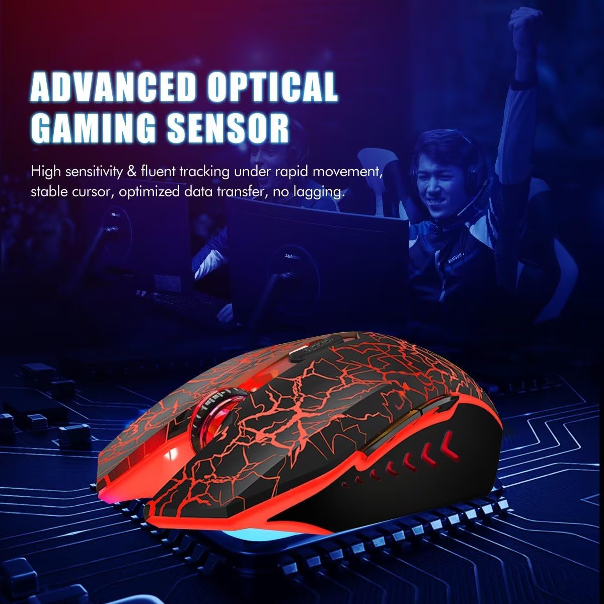 VGUARD Gaming Maus, Wired Hohe Präzision Optische Professionelle Wired Gaming Maus mit 6 Tasten/7-Modi LED Design für pro Gamer - Schwarz