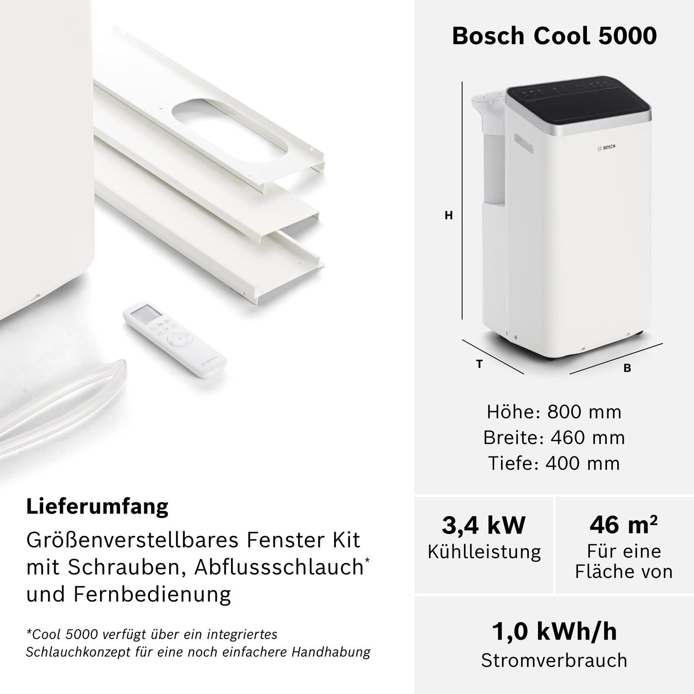 Bosch Cool 5000 mit Invertertechnologie Mobiles Klimagerät - 3-in-1: Klimagerät, Luftentfeuchter, Ventilator - 3,4 kW für Räume bis zu 46 m² - Mit Auto-Modus, Silent-Modus & Sleep-Modus